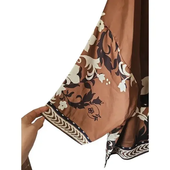 CHICO'S sz L/XL Short Border Kimono In Briar Brown silky cream navy accent - Picture 4 of 6